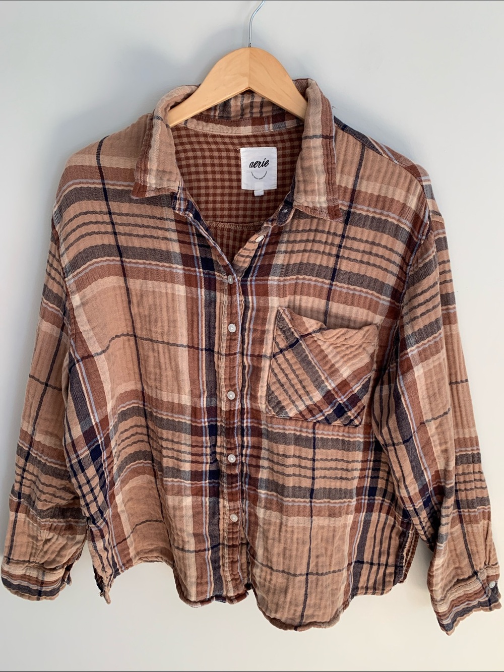 Aerie Plaid Gauzy Cotton Relaxed Fit Button Up Top Brown Fall Cozy Camping